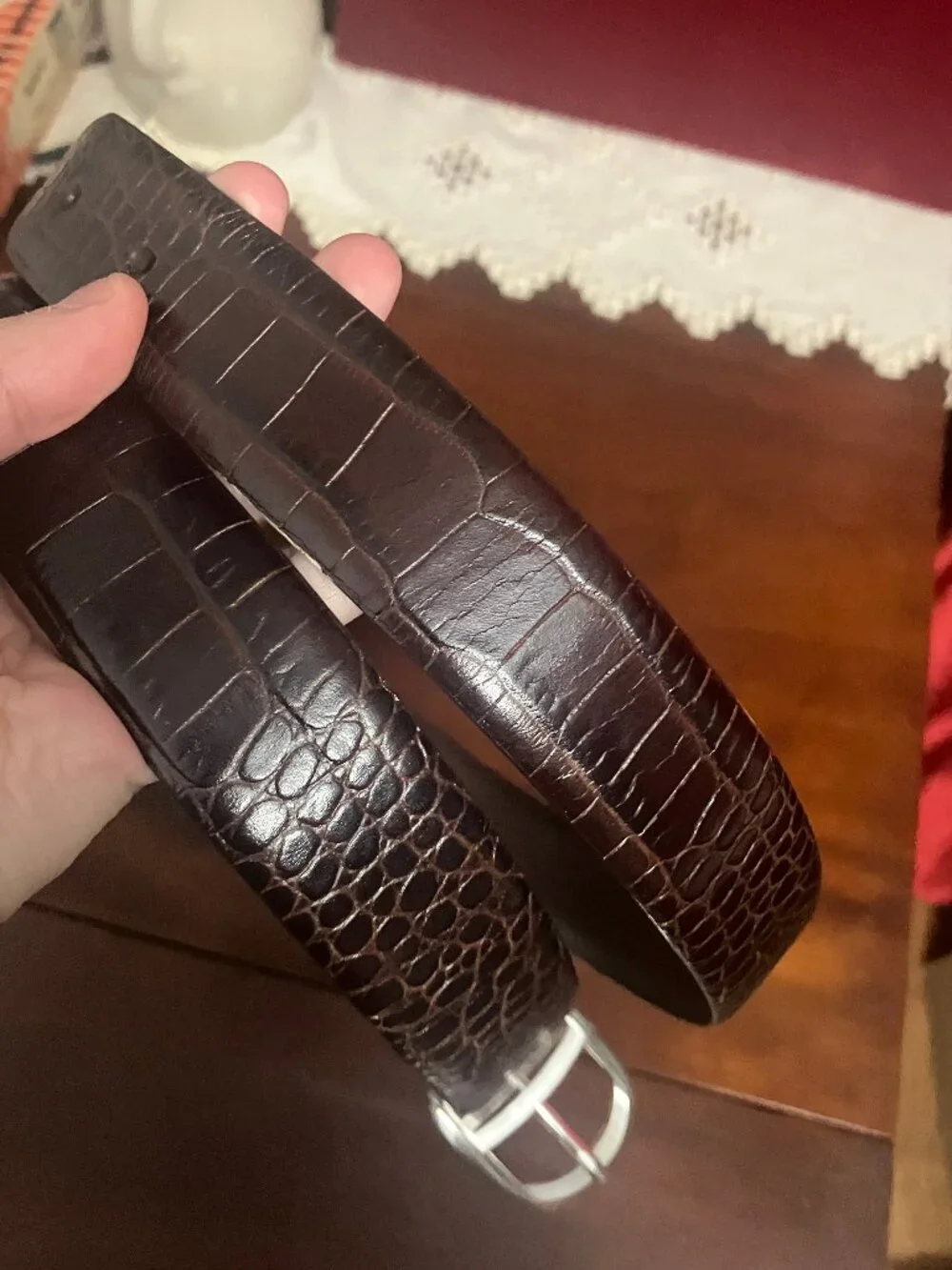 Ralph Lauren Dark Brown Croc-Embossed Leather Belt with Silver Buckle